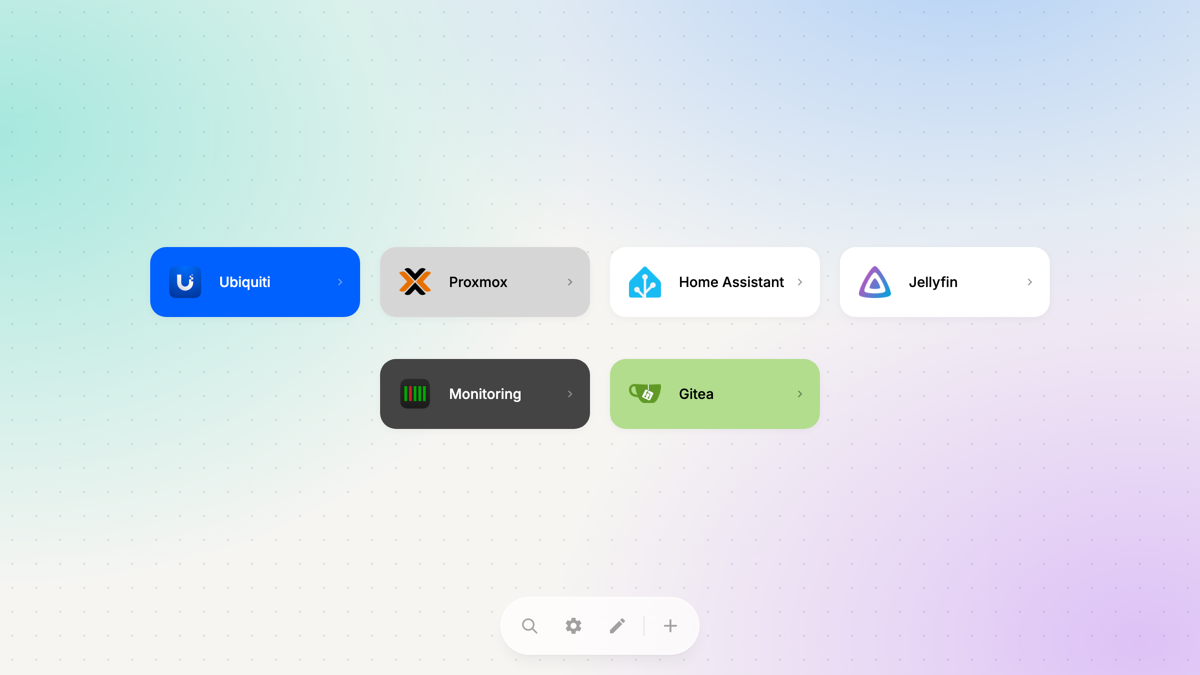 LobbyOS start page with links to Ubiquiti, Proxmox, Home Assistant, Jellyfin, Monitoring, and Gitea